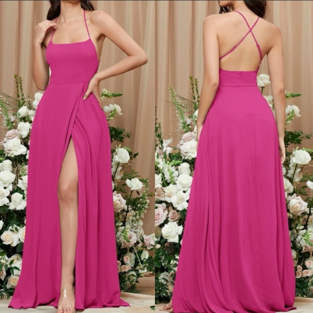 Luxe dusty blue crisscross back slit thigh party bridesmaids formal maxi dress - Picture 11 of 16